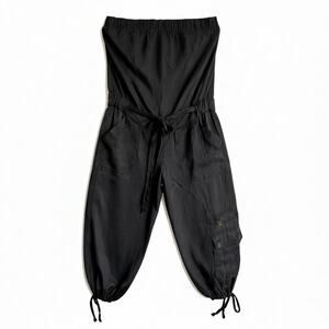 Bebe Y2K Black Silk Strapless Cargo Romper Wide Leg Tie Waist XS Glam Disco